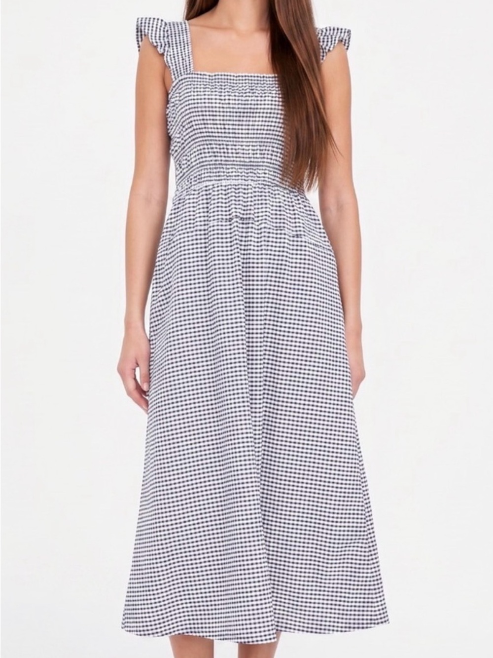 Old Navy Black and White Gingham Smocked Midi Dress
